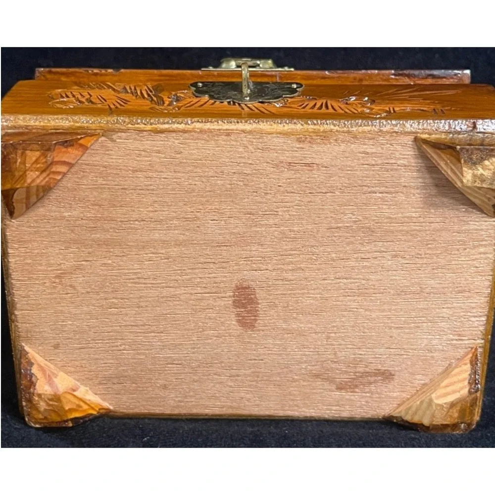Vintage Carved Wood Jewelry Trinket Box Brass Closure & Hinges Red Lining Mirror